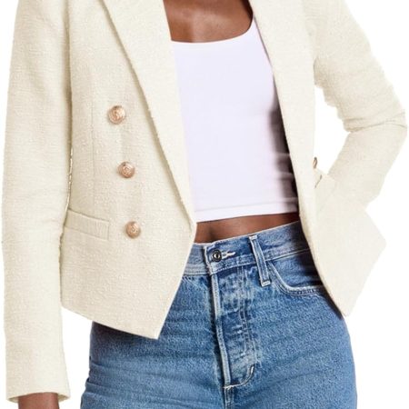 Women Cropped Tweed Blazer Jackets Lapel Open Front Long Sve Business Suit Jackets with Pocket