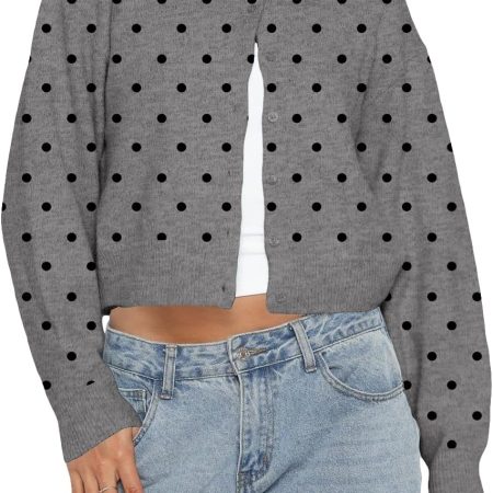 Women Y2k Polka Dot Button Up Open Front Crop Cardigan Sweater Long Sleeve Crewneck Knit Tops Cute Fall Outfits