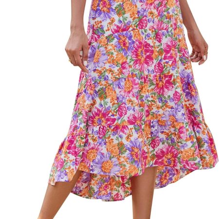 Women Long Skirts  Floral Elastic High Waist Asymmetrical Hem Midi Skirt