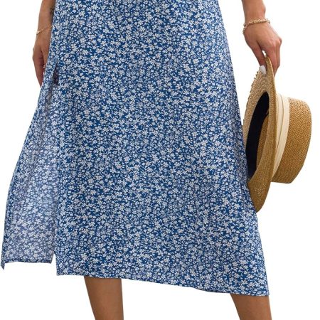 Women Summer Flowy Slit Midi Skirts Casual Lightweight High Waisted  Floral Beach Skirt