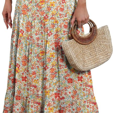 Women Maxi Skirt Elastic High Waist Swing Tiered A-line Flowy Pleated  Beach Vacation Long Skirts